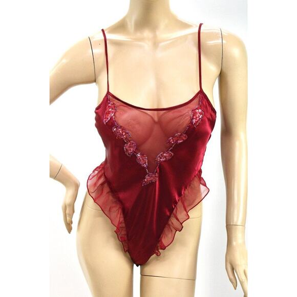 Vtg Victorias Secret Satin Teddy Nightie High Leg Sheer Flounce S Snap Crotch - Picture 6 of 10